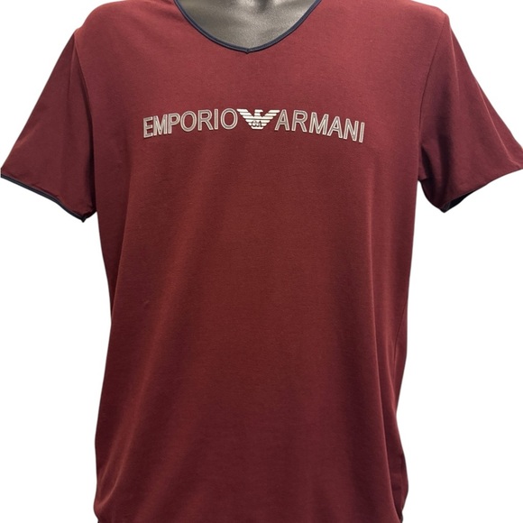 Armani Exchange Men's Slim Fit Short Sleeve Pima Cotton V-Neck Shirt, Burgundy - Picture 1 of 16